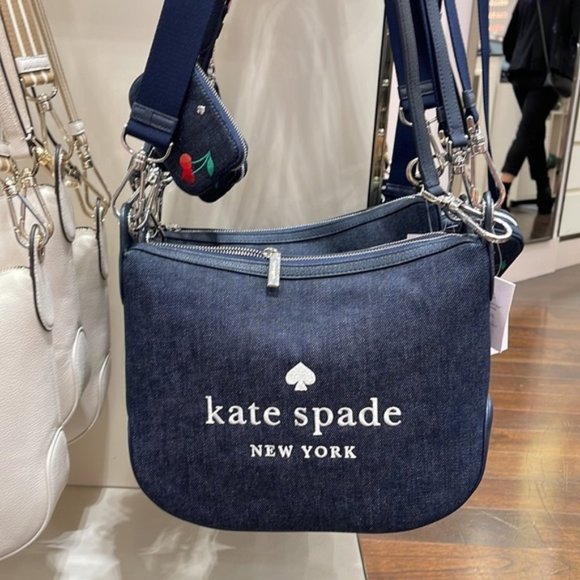 Cherry Embroidered Denim Crossbody Bag 